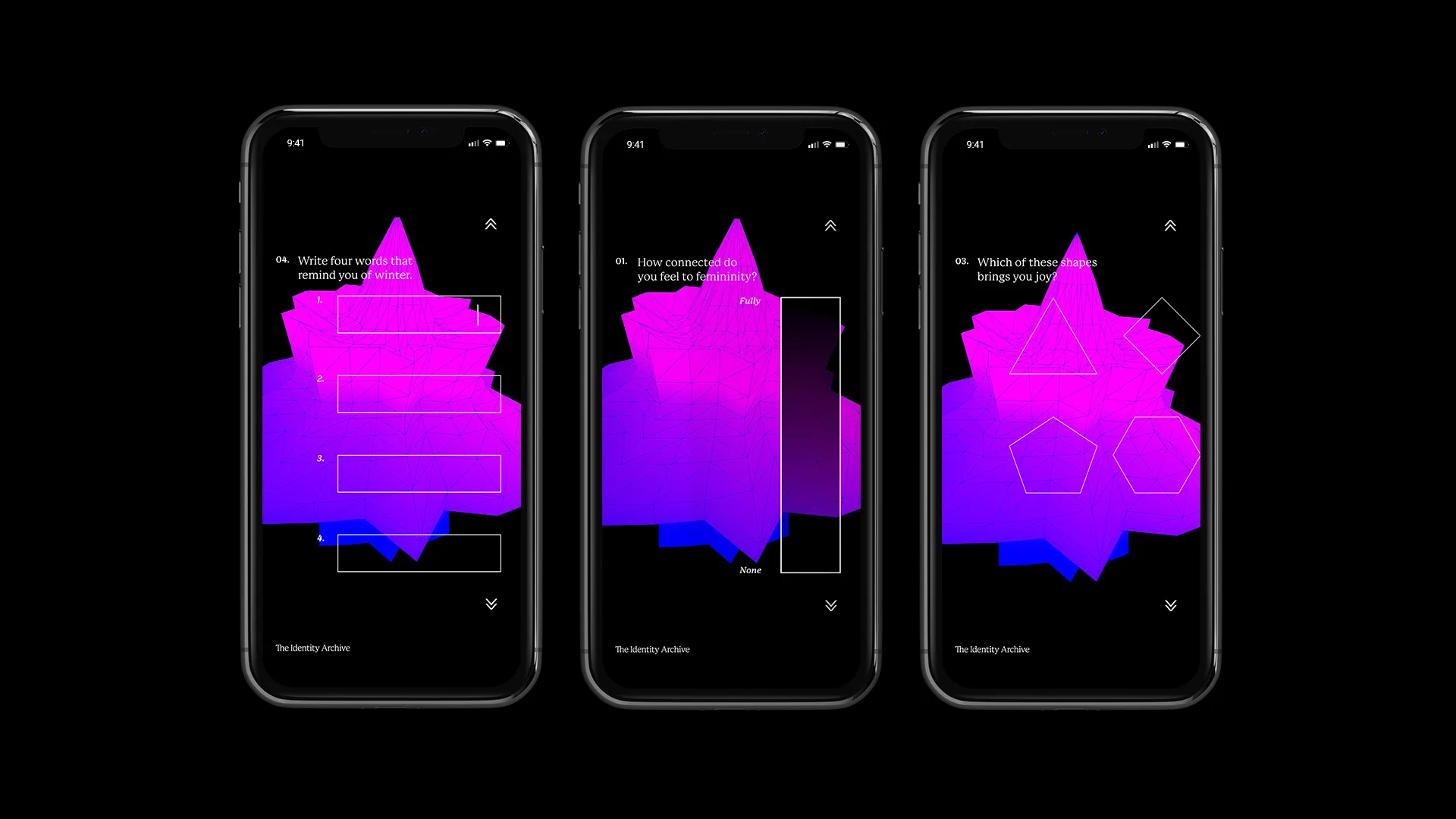 Phone mockups showing The Identity Archive creator flow