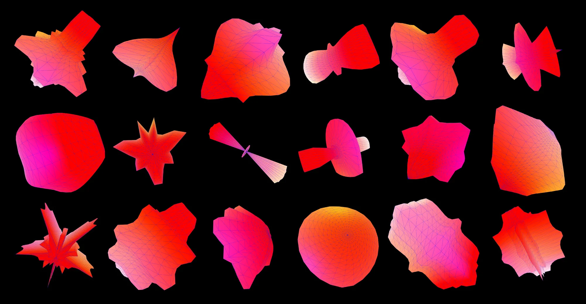 Grid of generative supershapes exploring identity forms