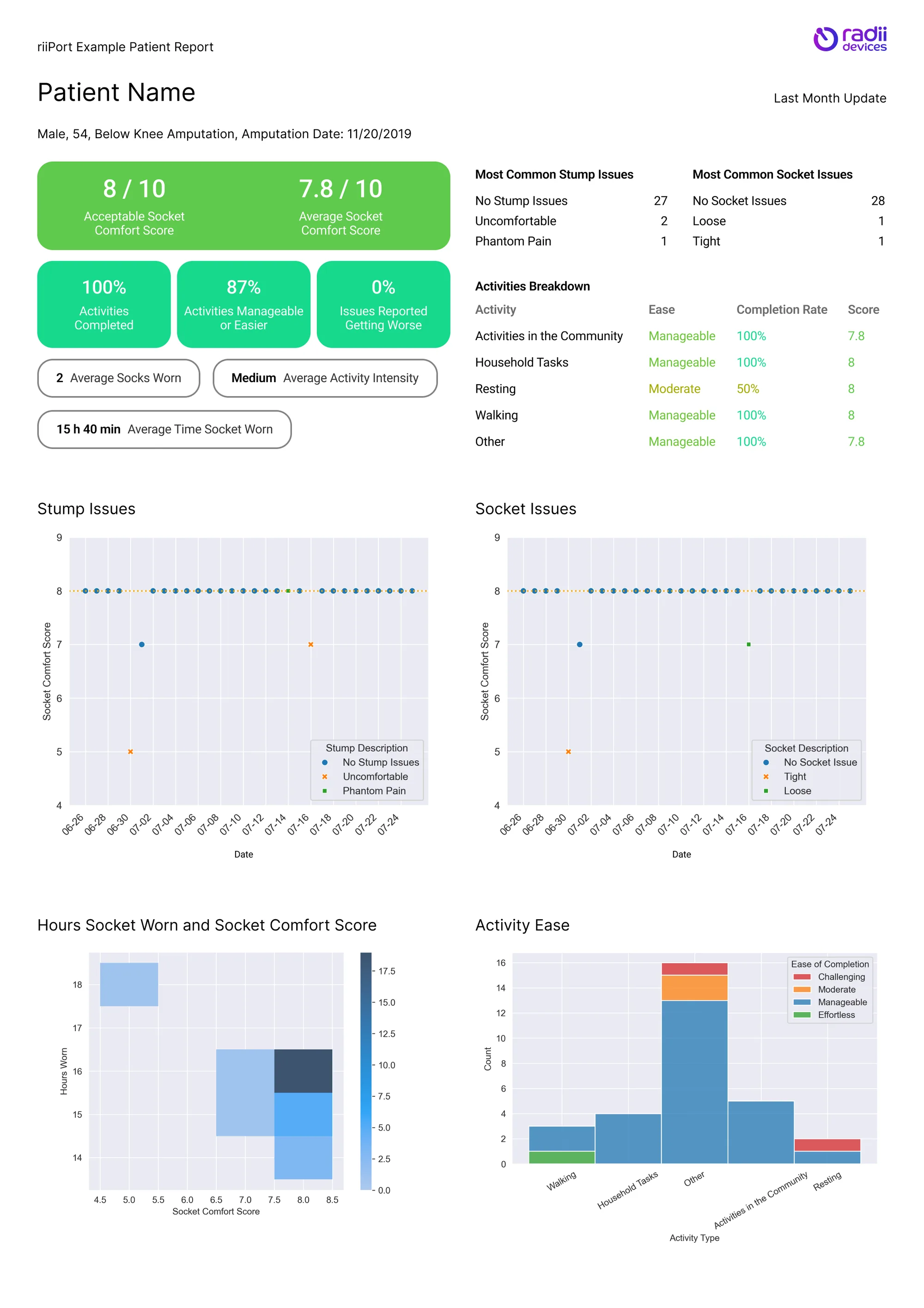 Example riiPort report, page 1: comfort scores and issue summary